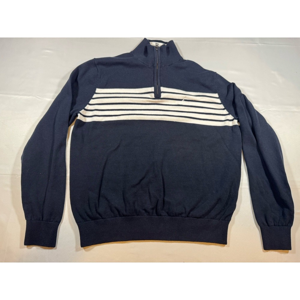 Nautica Men's Medium 1/4 Zip Sweater Navy Blue Striped 100% Cotton Pullover M